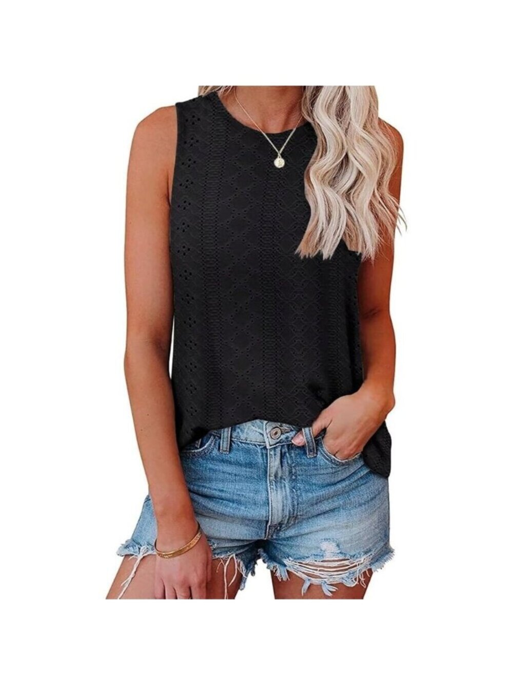 🆕Women  Black Polyester Eyelet Embroidery Crewneck Sleeveless Casual Tunic Top